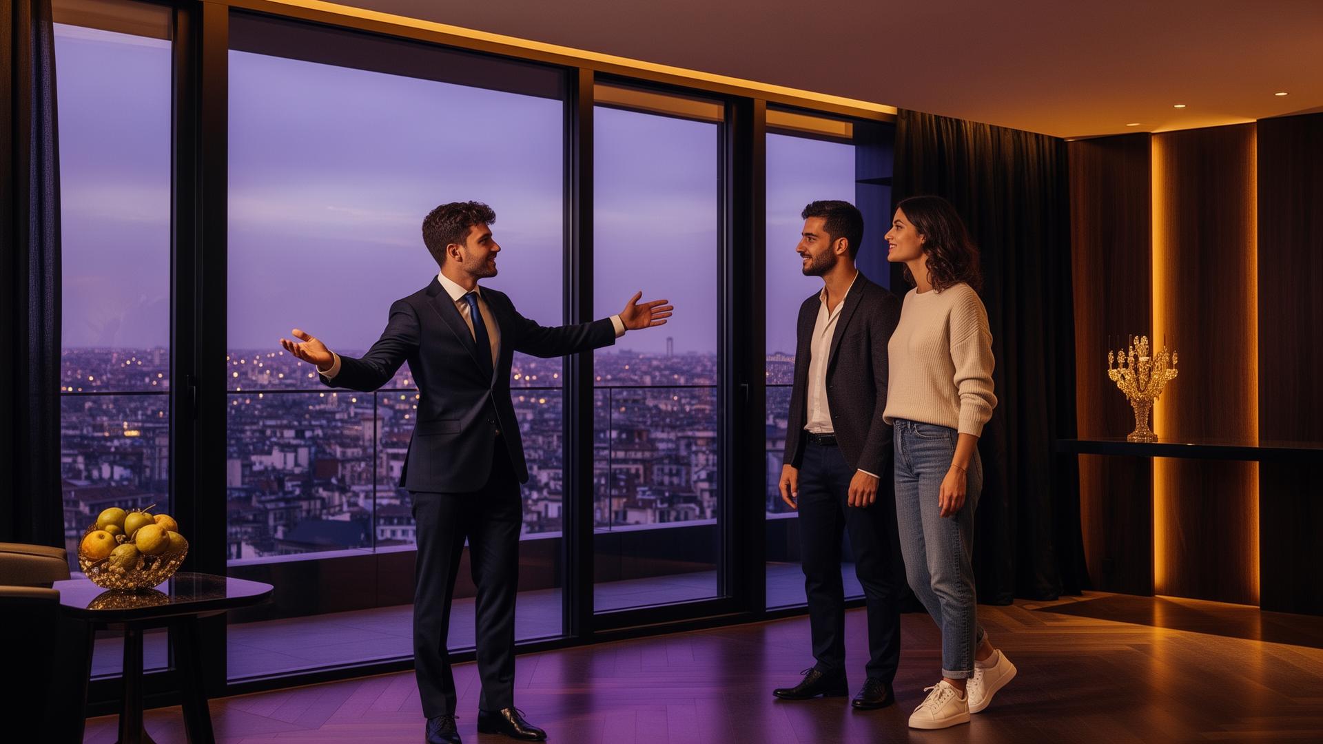 Agente immobiliare durante la visita di un appartamento di lusso