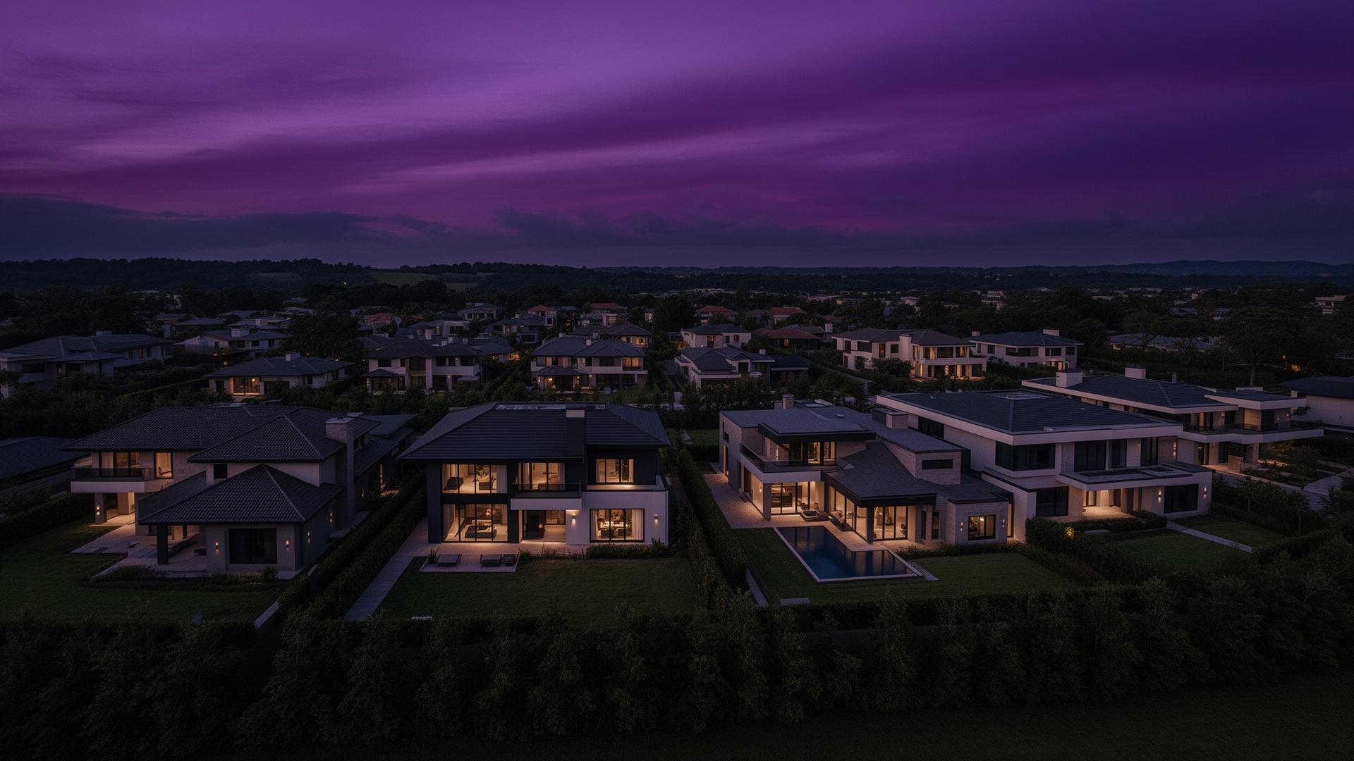 Quartiere residenziale di ville al tramonto